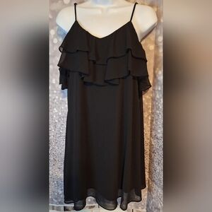 Impressions Black Cold shoulder ruffled spaghetti strap dress Sz S 17" ptp  33"L